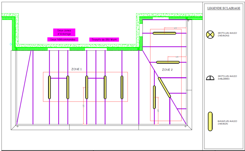 Plan de l'installation de l'éclairage avec les deux zones distinctes, séparées par la cloison.